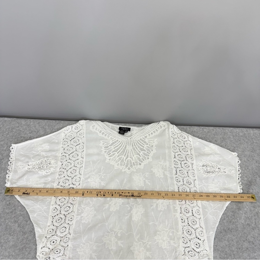 PAPILLON White Embroidered Batwing Sleeve Blouse w Crochet Detailing sz M - Picture 8 of 10